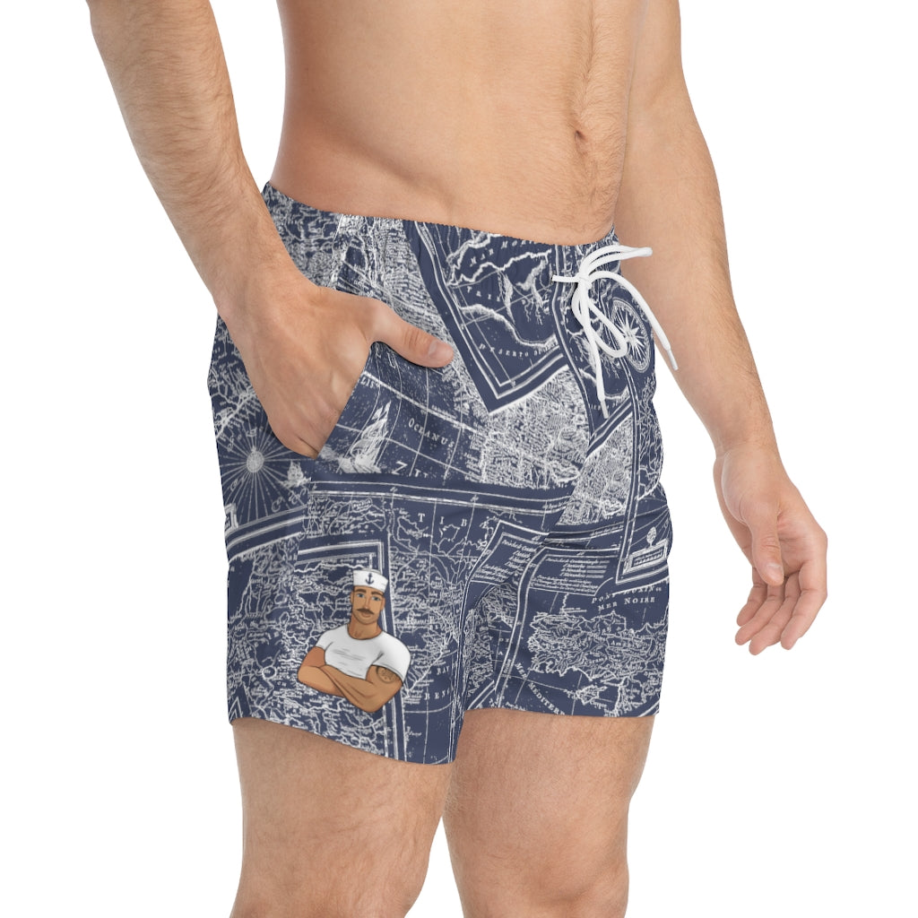 TJDRAW Nautical Map Swim Trunks